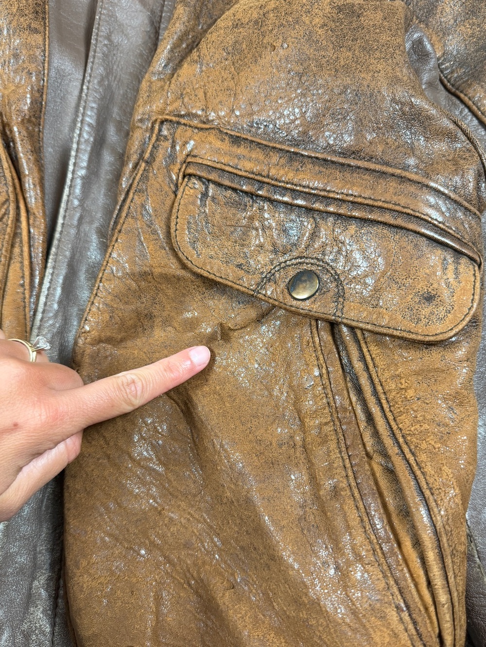 Vintage Brown Leather Distressed Patina Flight Bomber Jacket Mens 42 Funnel Neck - Picture 10 of 15